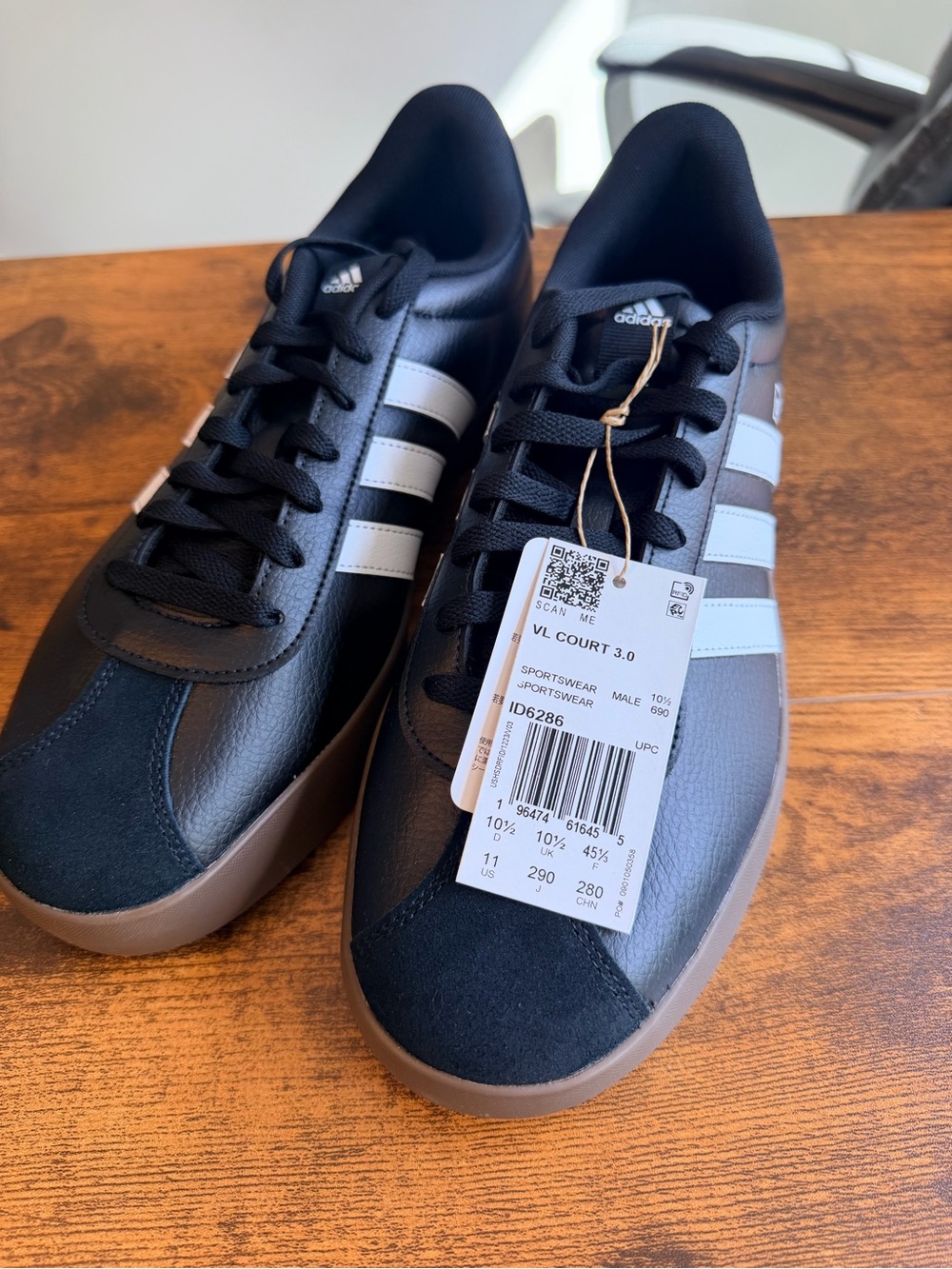 adidas Men’s Black Sneakers with White Stripes and Gum Sole - Picture 2 of 7